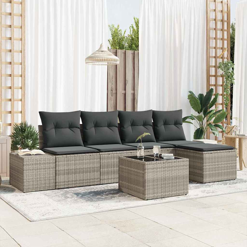 Sofa Set mit Kissen 5 pcs Schwarz Poly Rattan