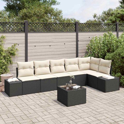 Gartensofa-set mit Kissen 6 pcs Schwarz und Creme Poly-Rattan