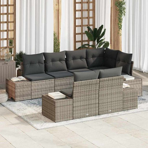 Gartensofa-set mit Kissen 7 pcs Schwarz und Creme Poly-Rattan