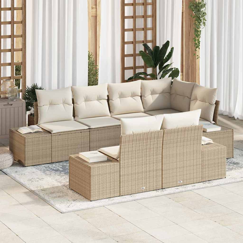 Gartensofa-set mit Kissen 7 pcs Schwarz und Creme Poly-Rattan
