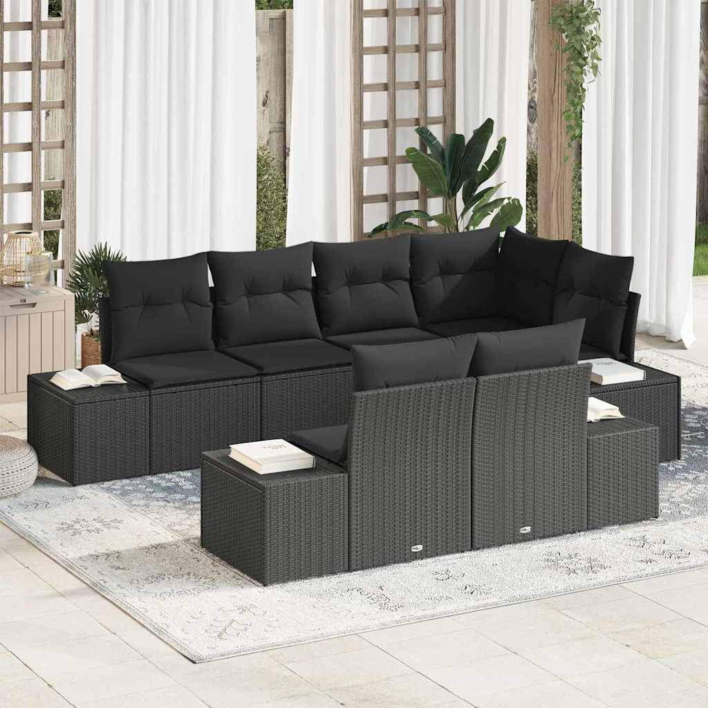 Gartensofa-set mit Kissen 7 pcs Schwarz und Creme Poly-Rattan