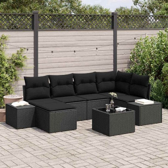 Gartensofa-set mit Kissen 6 pcs Schwarz und Creme Poly-Rattan