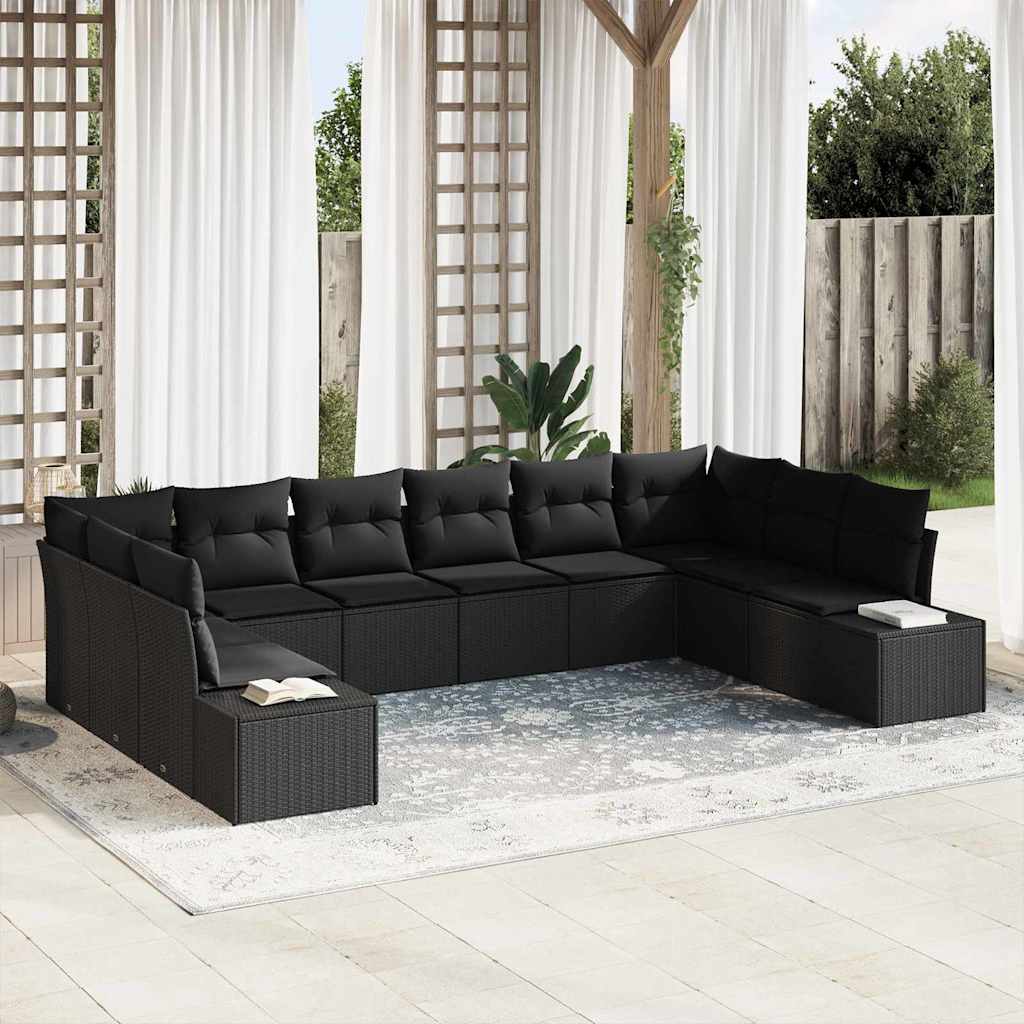 Gartensofa-set mit Kissen 10 pcs Schwarz Poly-Rattan