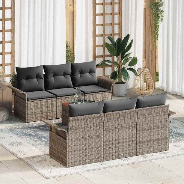 Gartensofa-set mit Kissen 7 pcs Schwarz Poly-Rattan