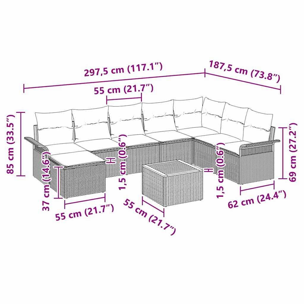 Gartensofa-set mit Kissen 9 pcs Schwarz Poly-Rattan