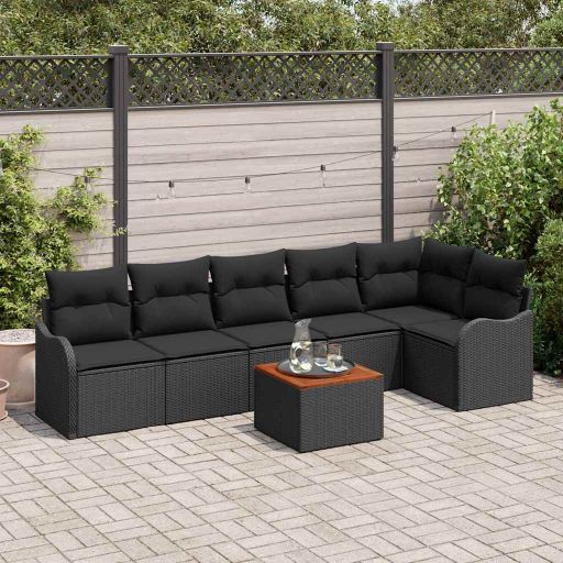 Gartensofa-set mit Kissen 7 pcs Schwarz Poly-Rattan