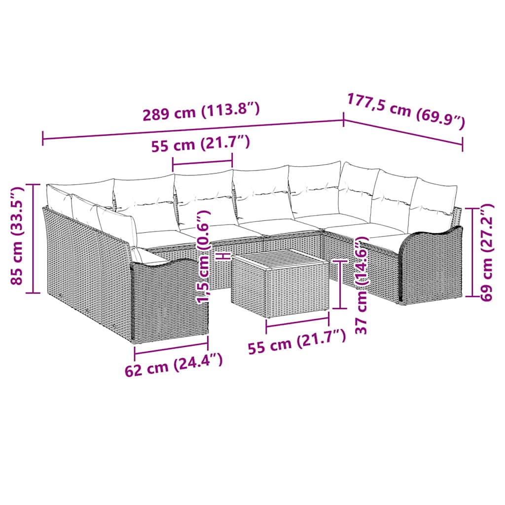 Gartensofa-set mit Kissen 10 pcs Schwarz Poly-Rattan