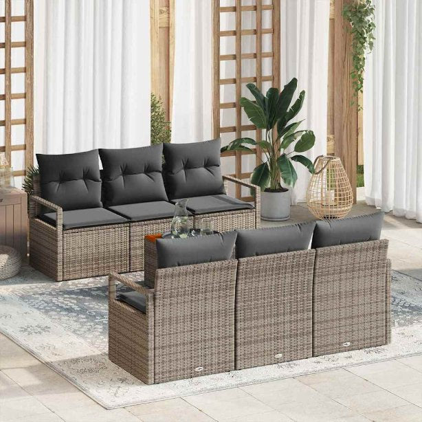 Garten-Sofa-Set mit Kissen 7 pcs Schwarz Poly Rattan