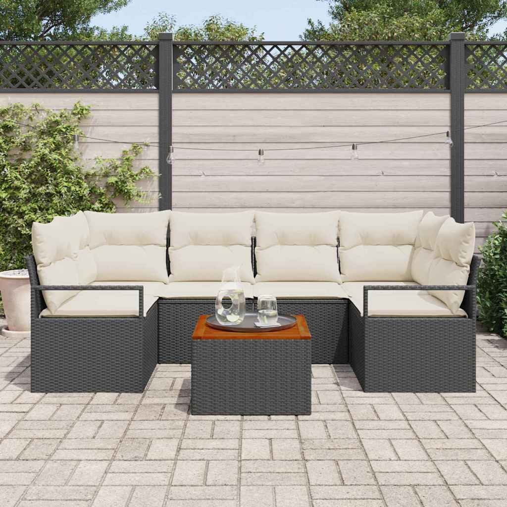 Garten-Sofa-Set mit Kissen 7 pcs Schwarz Poly Rattan