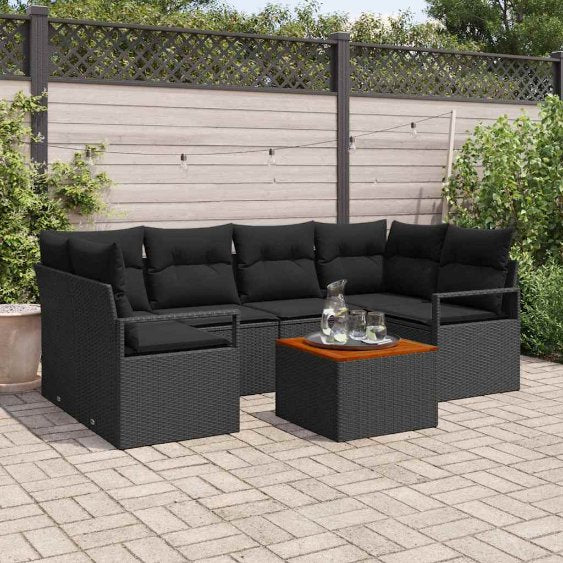 Garten-Sofa-Set mit Kissen 7 pcs Schwarz Poly Rattan