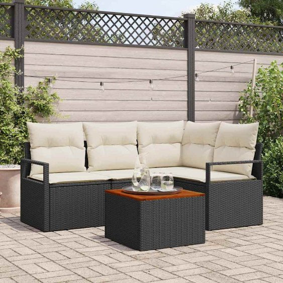 Garten-Sofa-Set mit Kissen 5 pcs Schwarz Poly Rattan