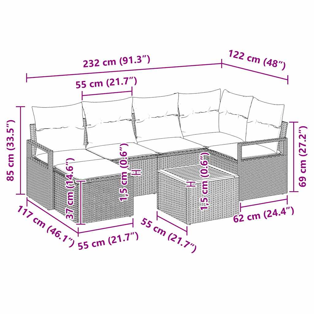 Garten-Sofa-Set mit Kissen 7 pcs Schwarz Poly Rattan