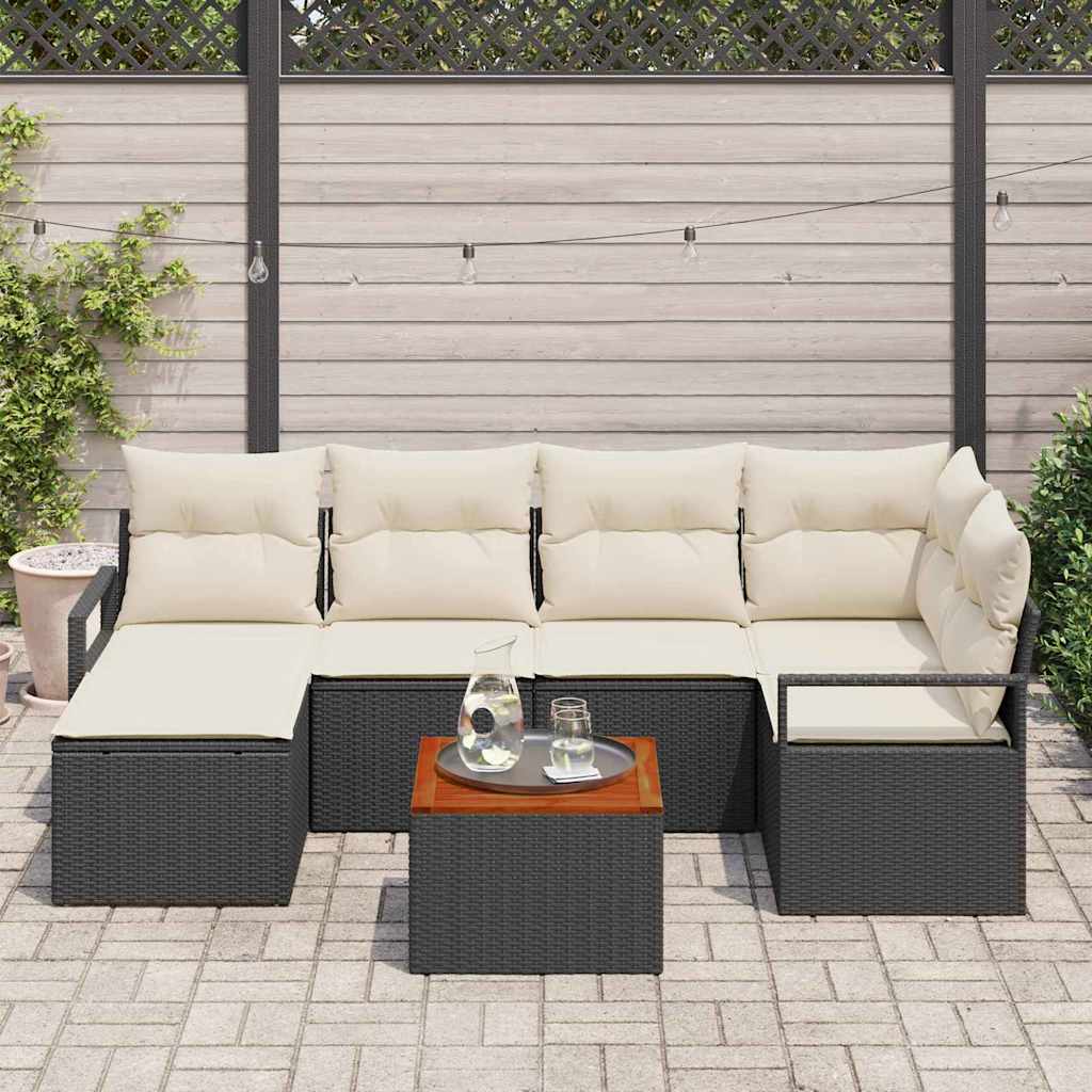 Garten-Sofa-Set mit Kissen 7 pcs Schwarz Poly Rattan