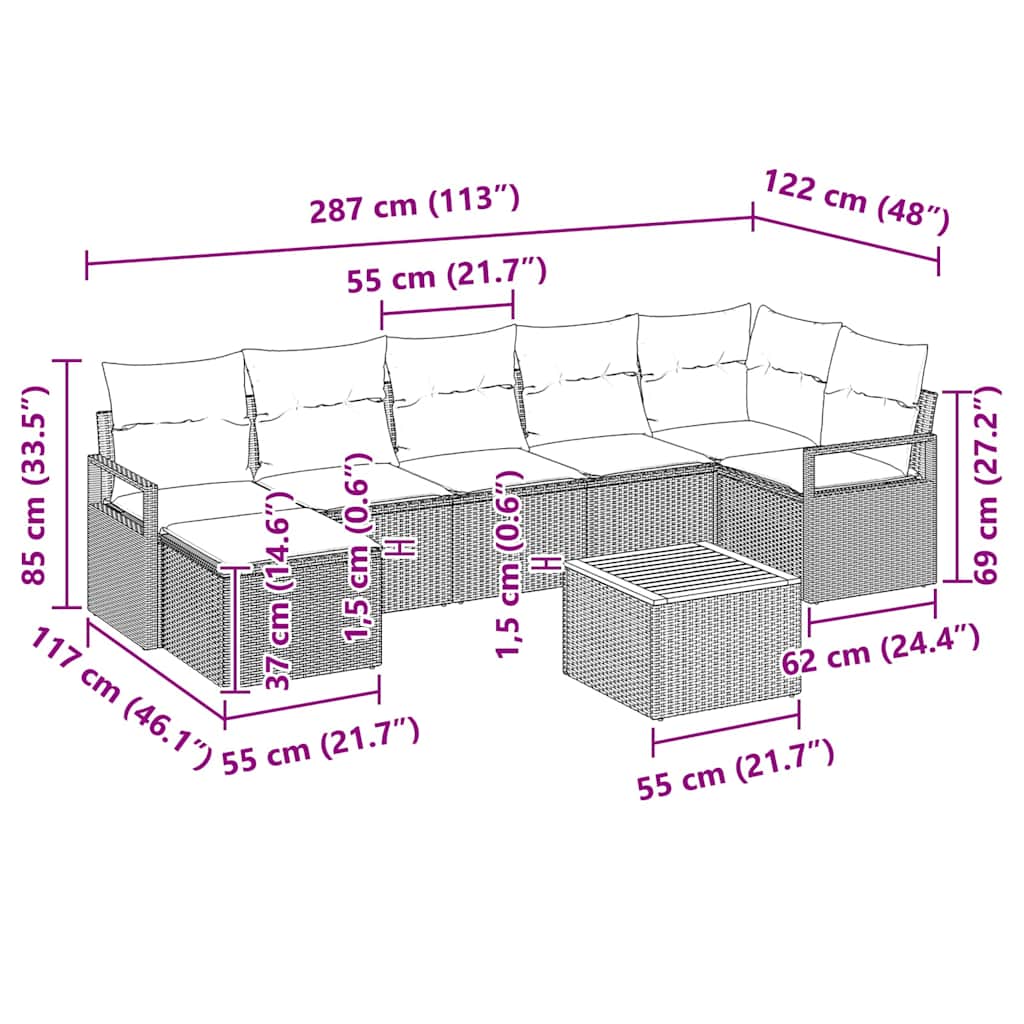 Garten-Sofa-Set mit Kissen 8 pcs Schwarz Poly Rattan