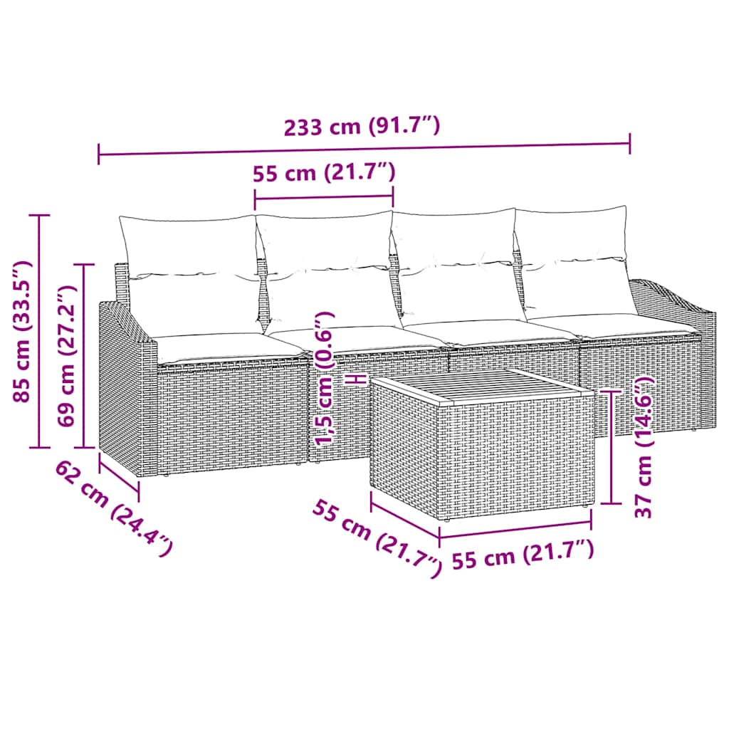 Gartensofa-set mit Kissen 5 pcs Schwarz Poly-Rattan