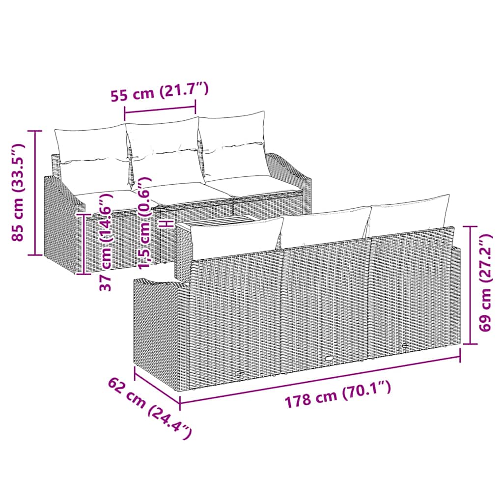 Gartensofa-set mit Kissen 7 pcs Schwarz Poly-Rattan