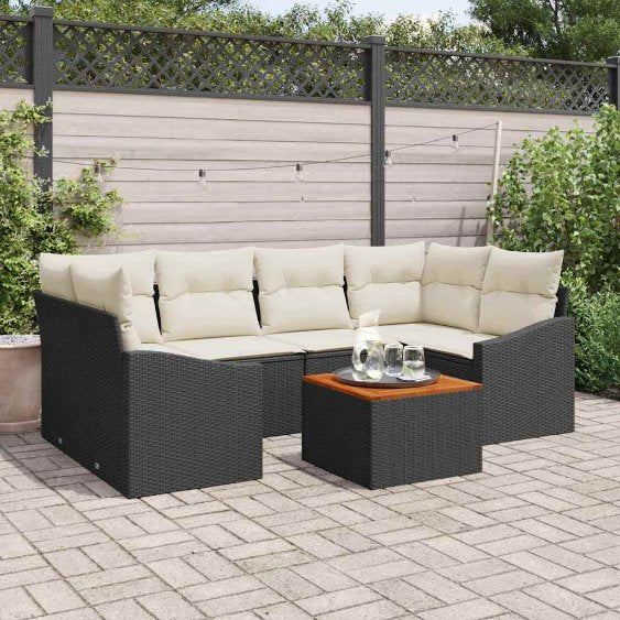 Garten-Sofa-Set mit Kissen 7 pcs Schwarz Poly Rattan