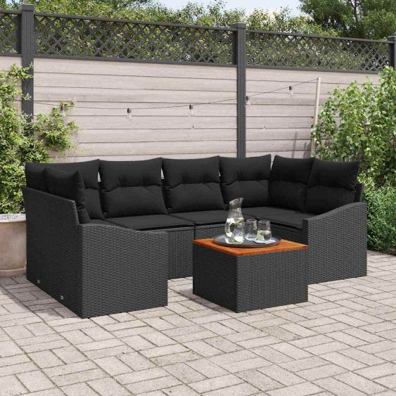 Garten-Sofa-Set mit Kissen 7 pcs Schwarz Poly Rattan