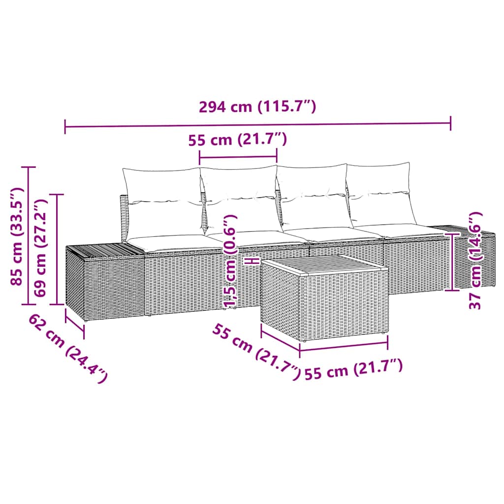 Garten-Sofa-Set mit Kissen 5 pcs Schwarz Poly Rattan