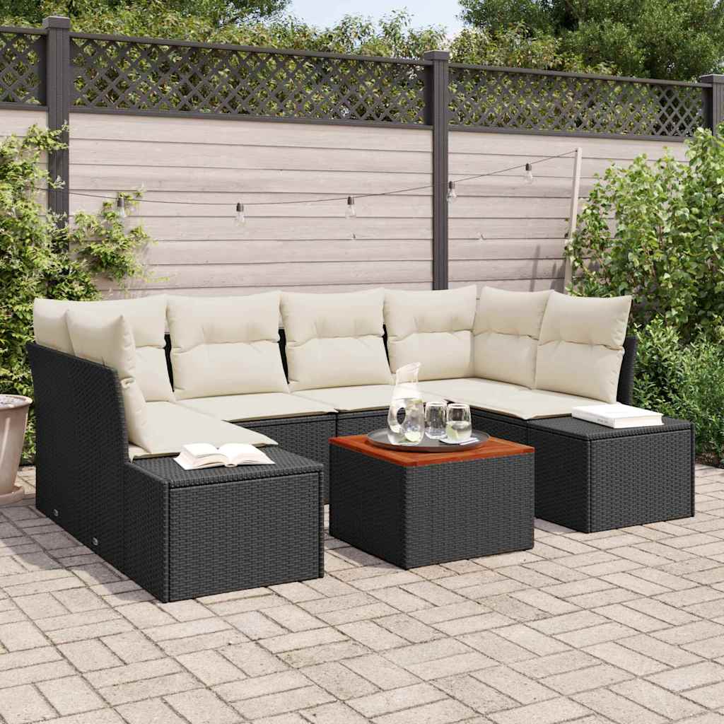 Garten-Sofa-Set mit Kissen 7 pcs Schwarz Poly Rattan