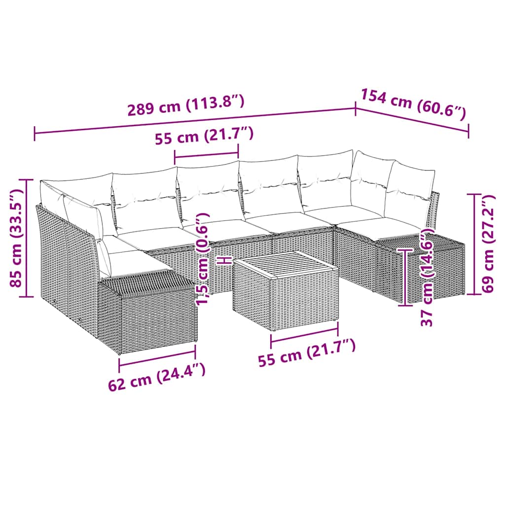 Gartensofa-set mit Kissen 8 pcs Schwarz Poly-Rattan