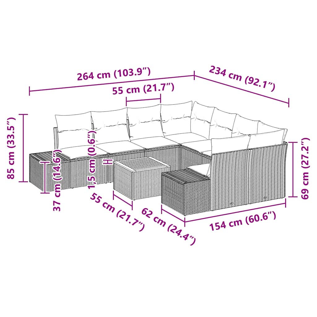 Gartensofa-set mit Kissen 9 pcs Schwarz Poly-Rattan