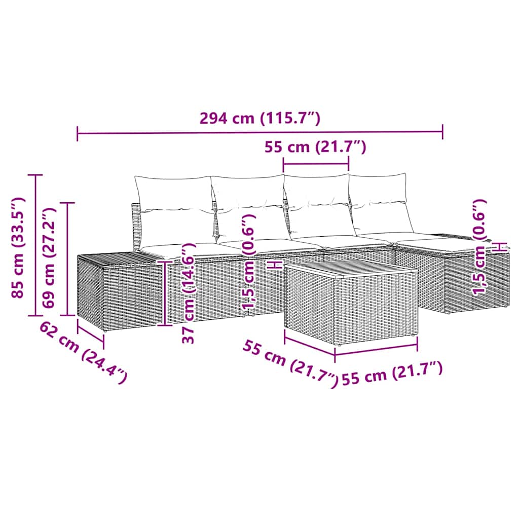 Garten-Sofa-Set mit Kissen 6 pcs Schwarz Poly Rattan
