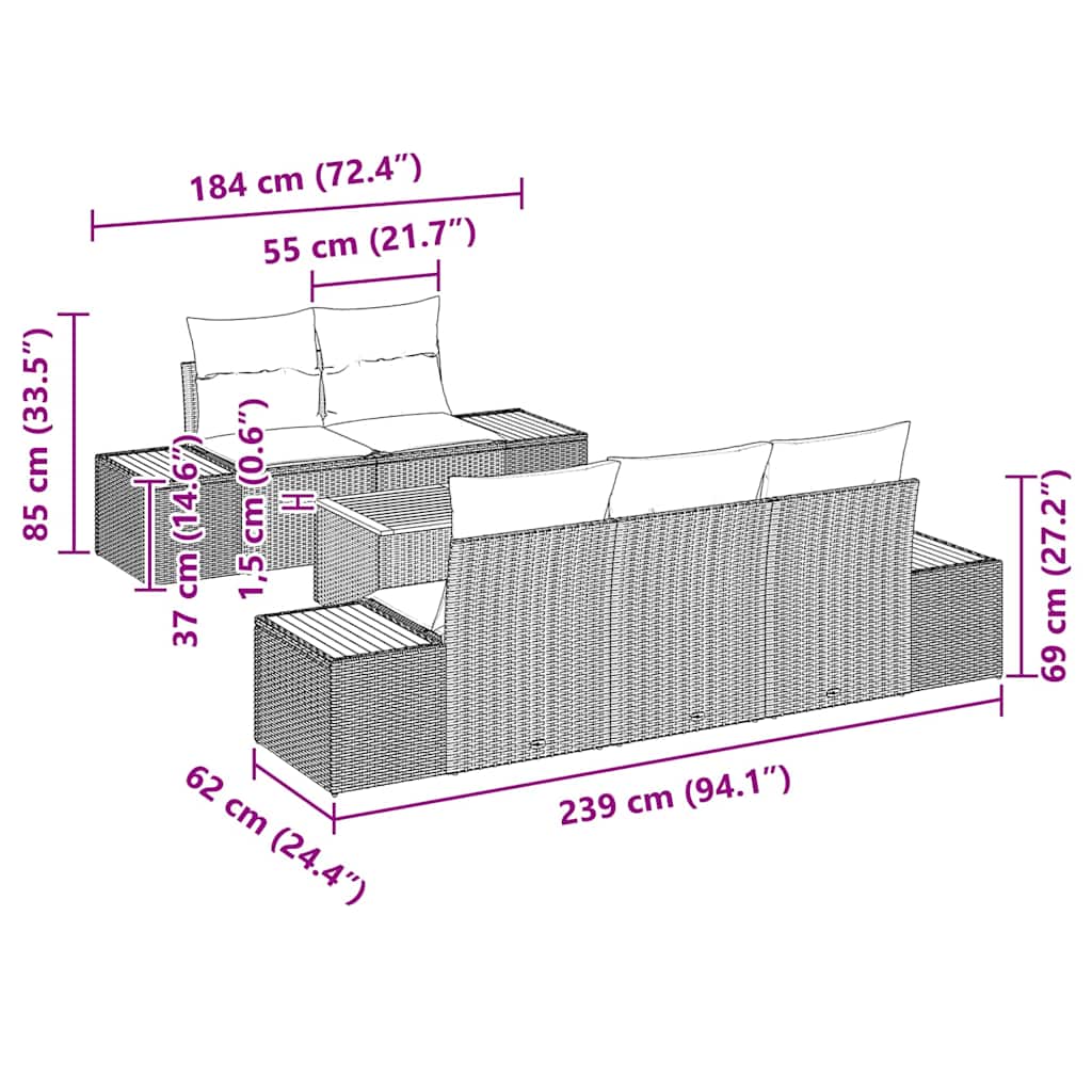 Gartensofa-set mit Kissen 6 pcs Schwarz Poly Rattan