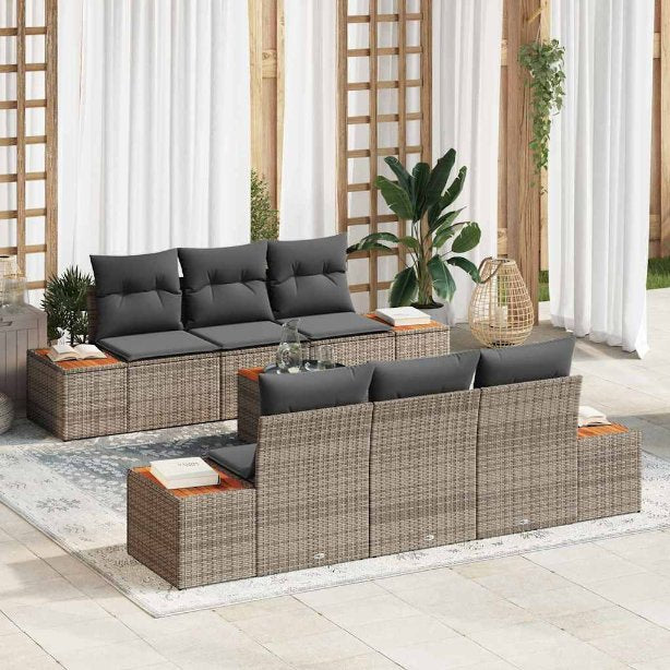 Garten-Sofa-Set mit Kissen 7 pcs Schwarz Poly Rattan