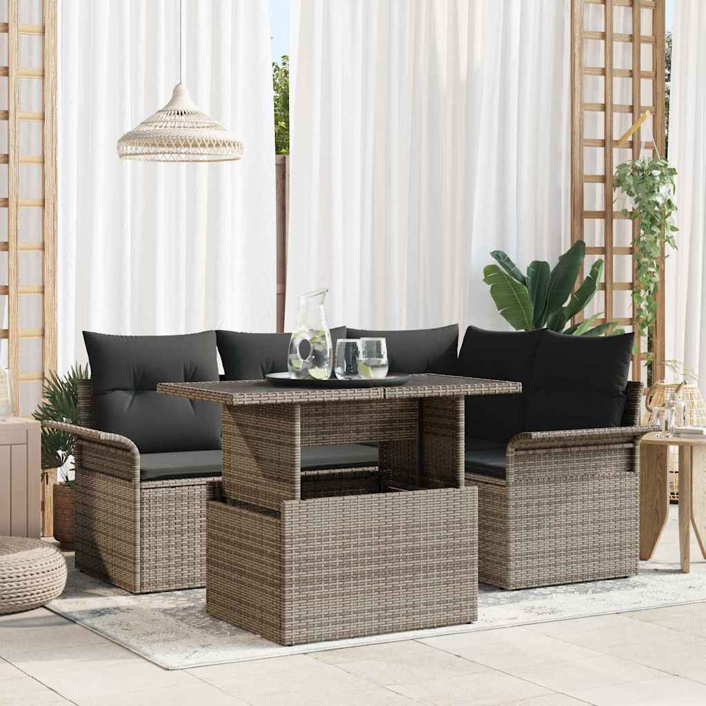 Garten-Sofa-Set mit Kissen 5 pcs Schwarz Poly Rattan