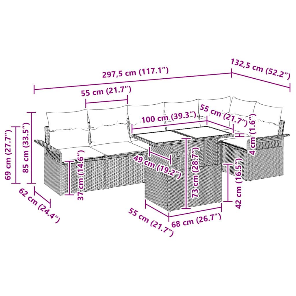 Gartensofa-set mit Kissen 7 pcs Schwarz Poly-Rattan