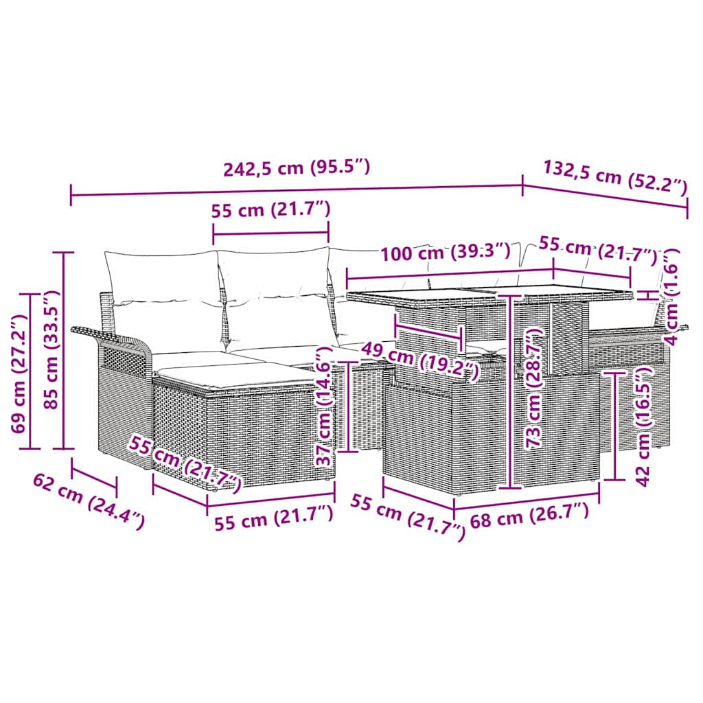 Gartensofa-set mit Kissen 7 pcs Schwarz Poly-Rattan