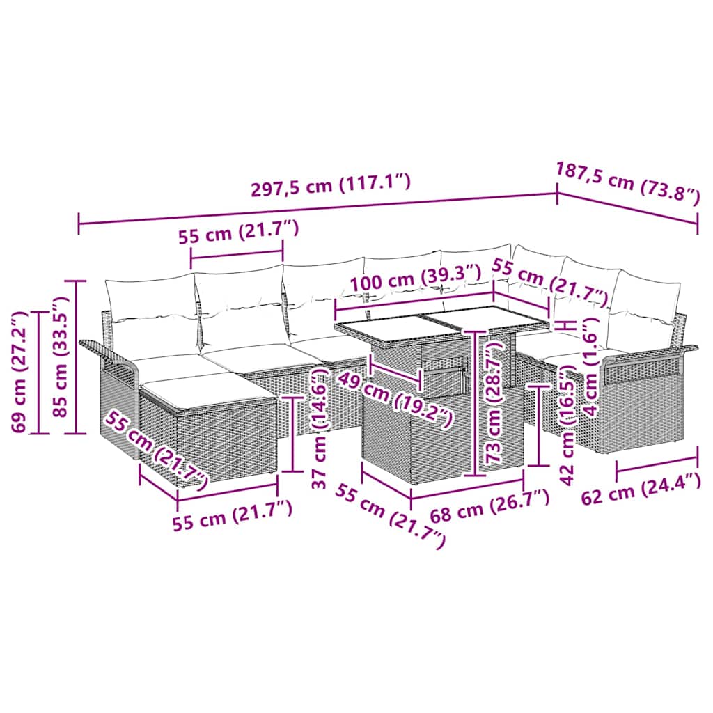 Sofa Set mit Kissen 9 pcs Schwarz Poly-Rattan
