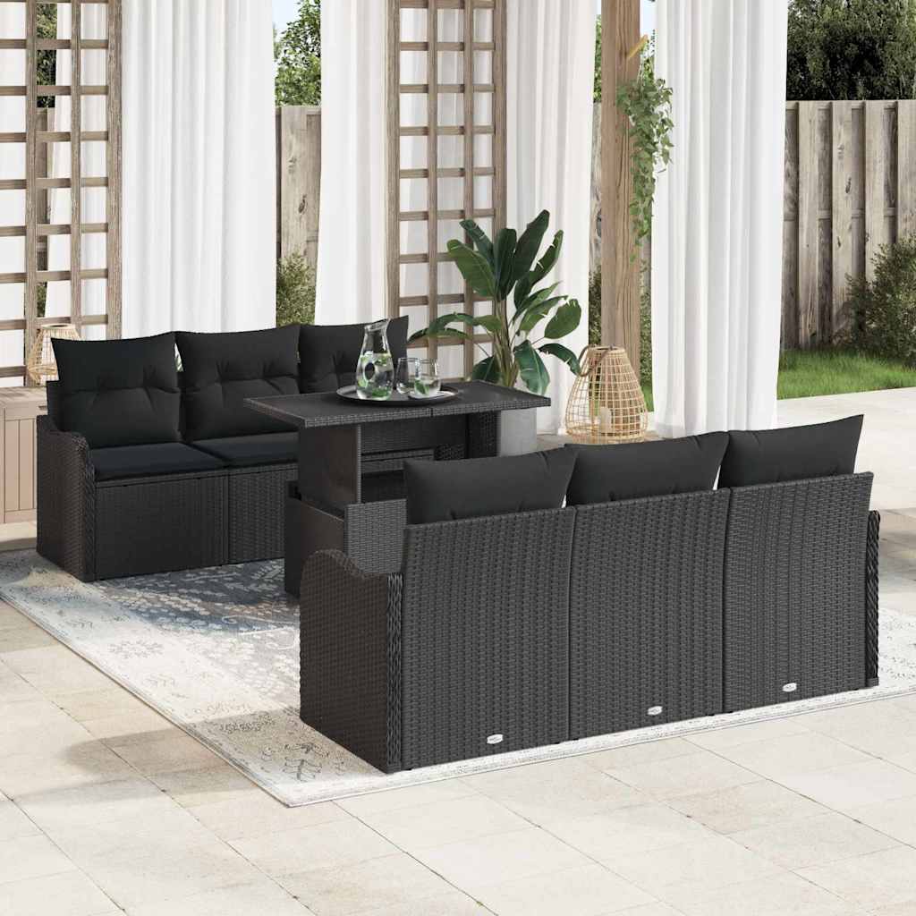 Gartensofa-set mit Kissen 7 pcs Schwarz und Creme Poly-Rattan
