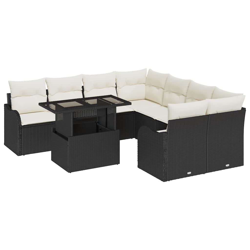 Gartensofa-set mit Kissen 9 pcs Schwarz Poly-Rattan