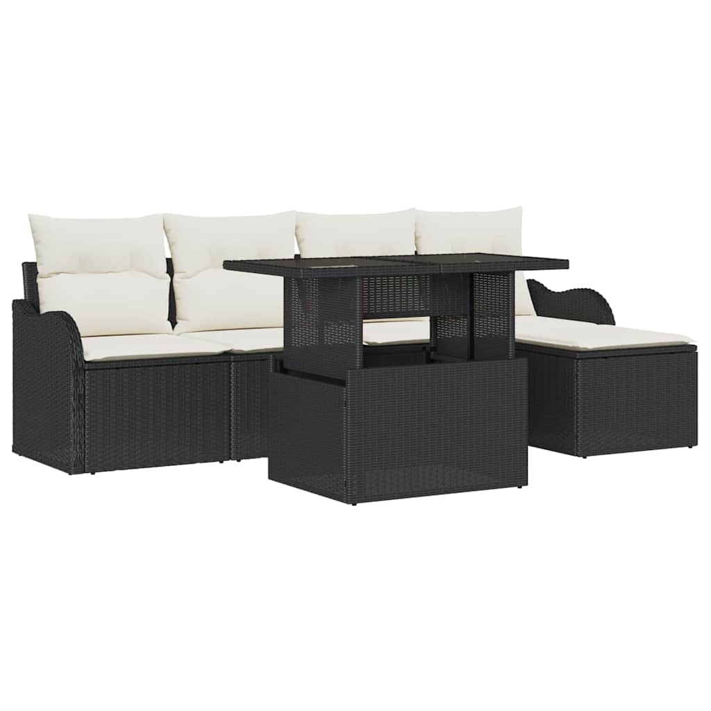 Sitzgruppe für den Outdoor mit Kissen 6 pcs Schwarz Poly Rattan