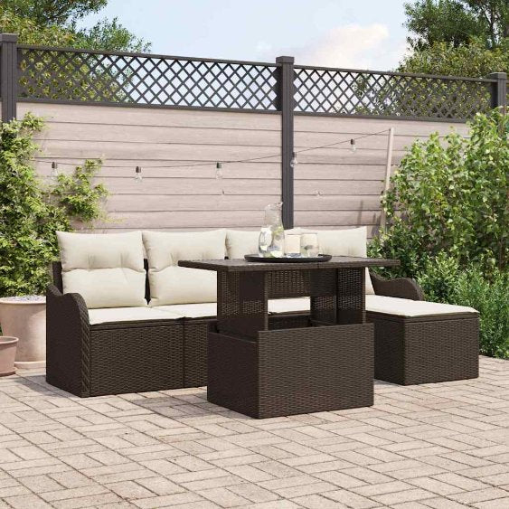 Sitzgruppe für den Outdoor mit Kissen 6 pcs Schwarz Poly Rattan