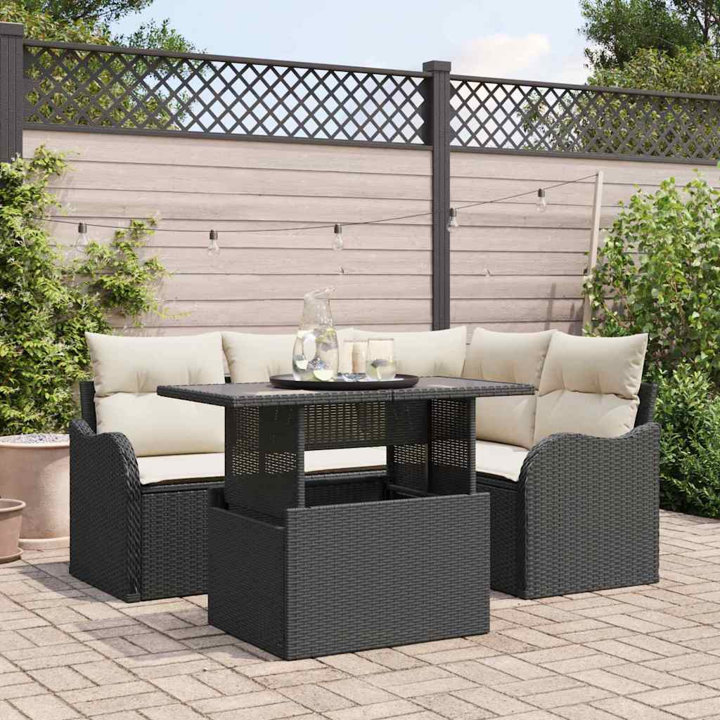Outdoortisch-Set mit Kissen 5 pcs Schwarz Poly Rattan