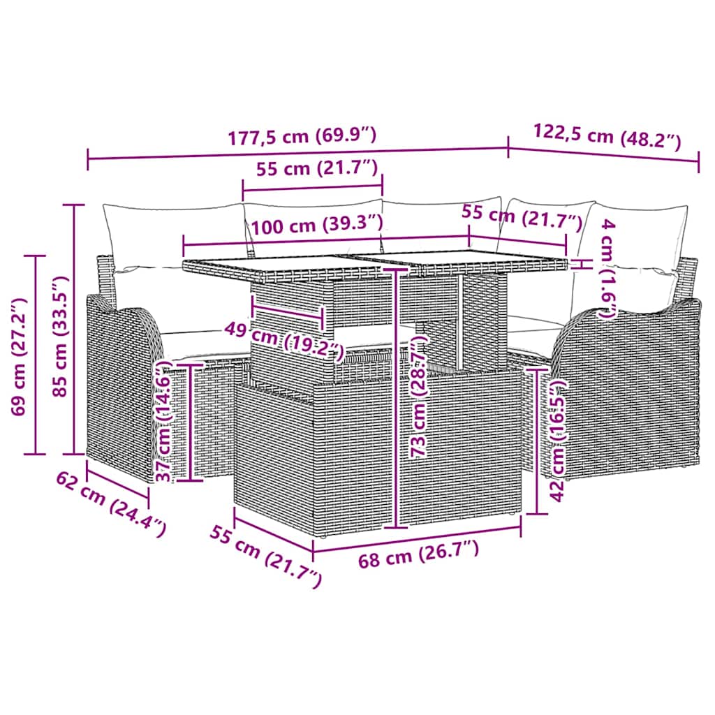 Outdoortisch-Set mit Kissen 5 pcs Schwarz Poly Rattan
