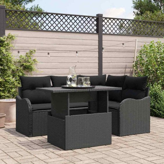 Outdoortisch-Set mit Kissen 5 pcs Schwarz Poly Rattan