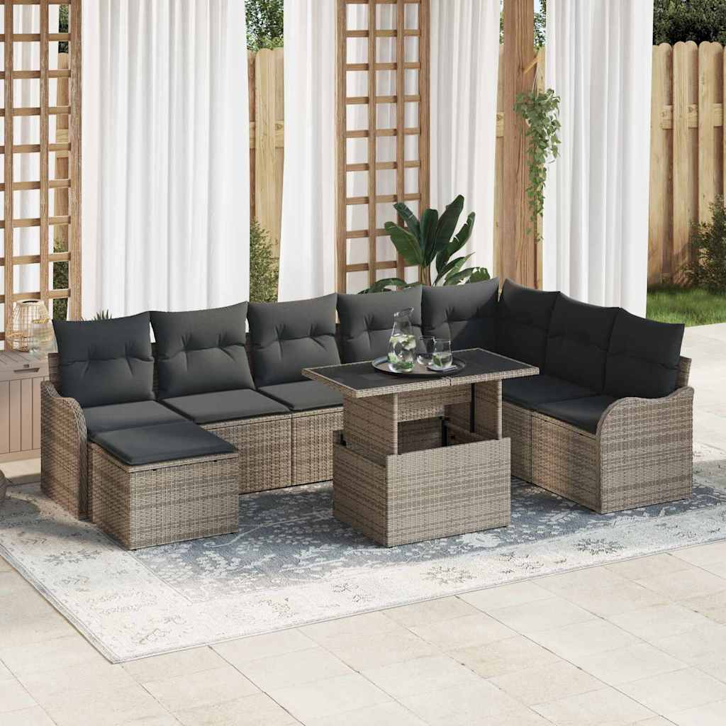 Garten-Sofa-Set mit Kissen 9 pcs Schwarz Poly Rattan