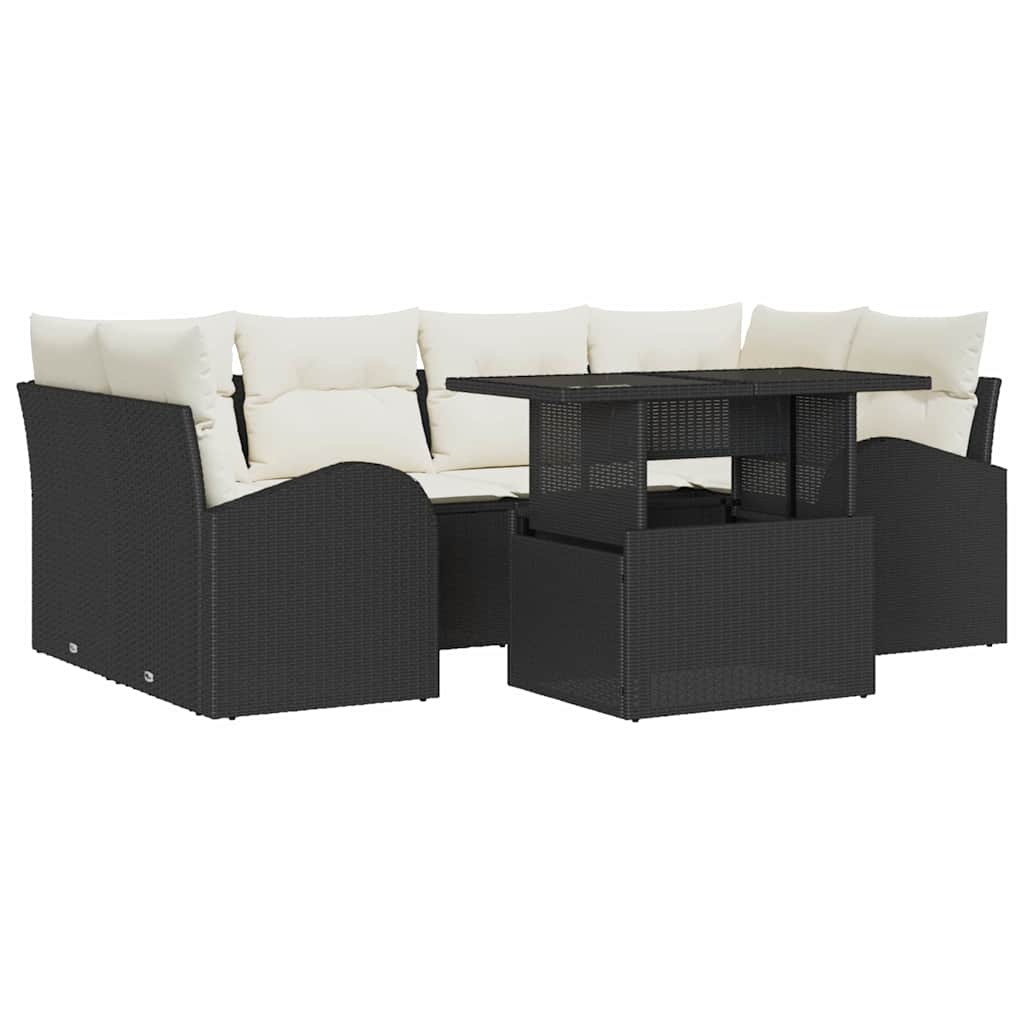 Gartensofa-set mit Kissen 7 pcs Schwarz Poly Rattan
