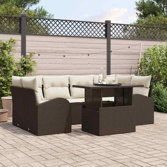 Gartensofa-set mit Kissen 7 pcs Schwarz Poly Rattan