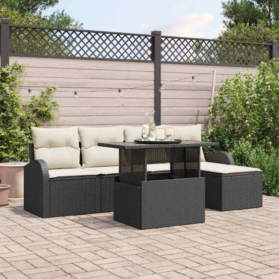 Garten-Sofa-Set mit Kissen 6 pcs Schwarz Poly-Rattan