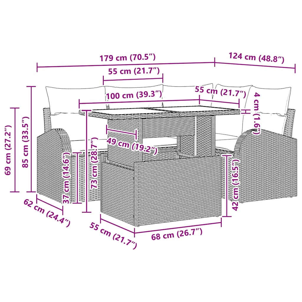 Garten-Sofa-Set mit Kissen 5 pcs Schwarz Poly Rattan