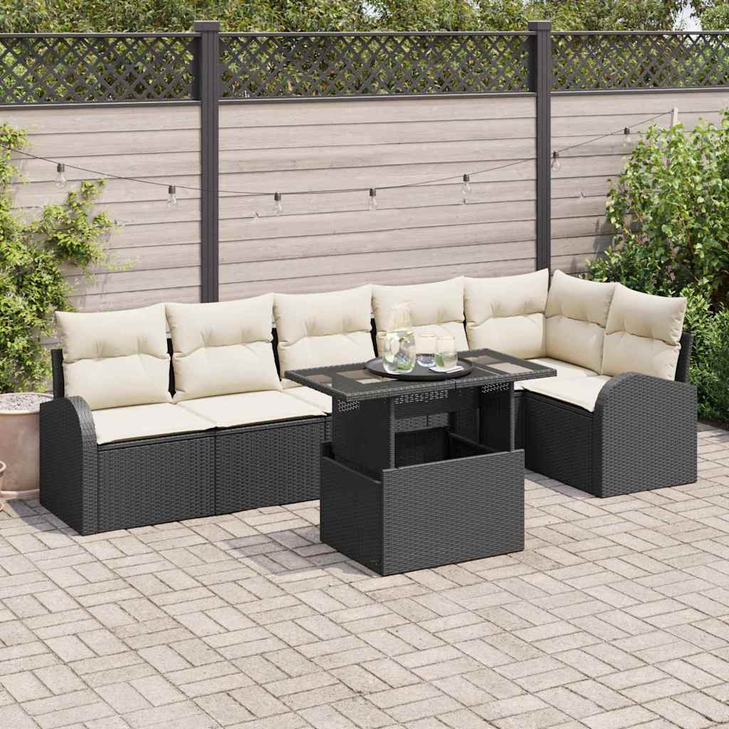 Garten-Sofa-Set mit Kissen 7 pcs Schwarz und Creme Poly-Rattan