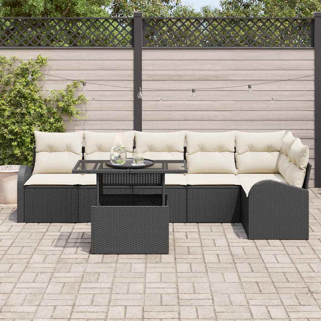Garten-Sofa-Set mit Kissen 7 pcs Schwarz und Creme Poly-Rattan