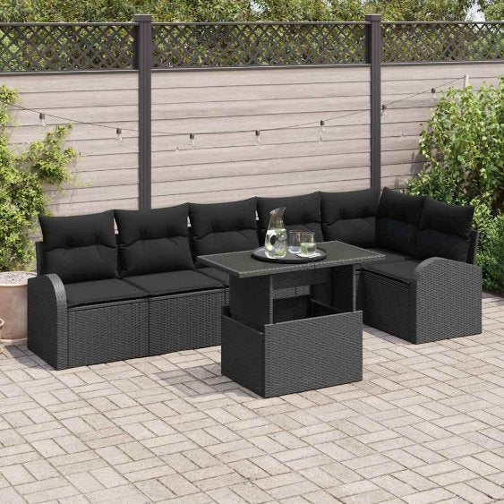 Garten-Sofa-Set mit Kissen 7 pcs Schwarz und Creme Poly-Rattan
