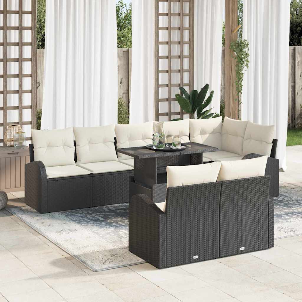 Sofa Set mit Kissen 9 pcs Schwarz und Creme Poly-Rattan