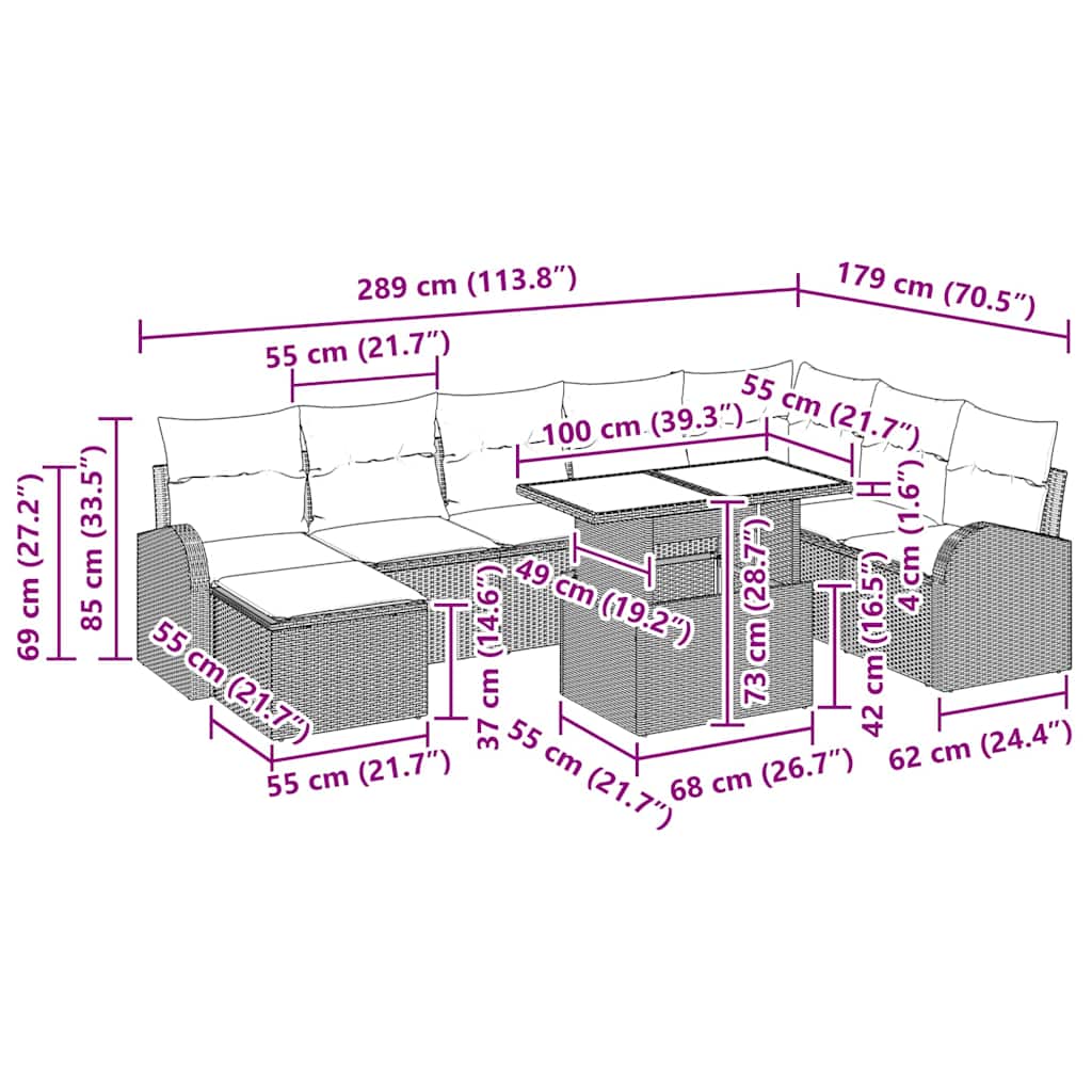 Garten-Sofa-Set mit Kissen 9 pcs Schwarz und Creme
